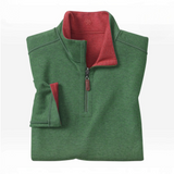 Broderick's Clothing Co. green and red reversible quarter-zip sweater with piqué and jersey knit textures.