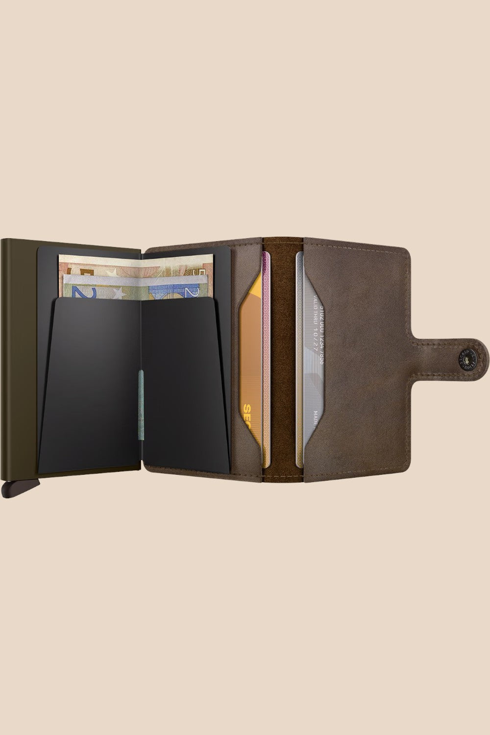 Broderick's Clothing Co. Secrid Miniwallet in vintage oak leather with aluminium card protector and banknote storage