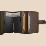 Broderick's Clothing Co. Secrid Miniwallet in vintage oak leather with aluminium card protector and banknote storage