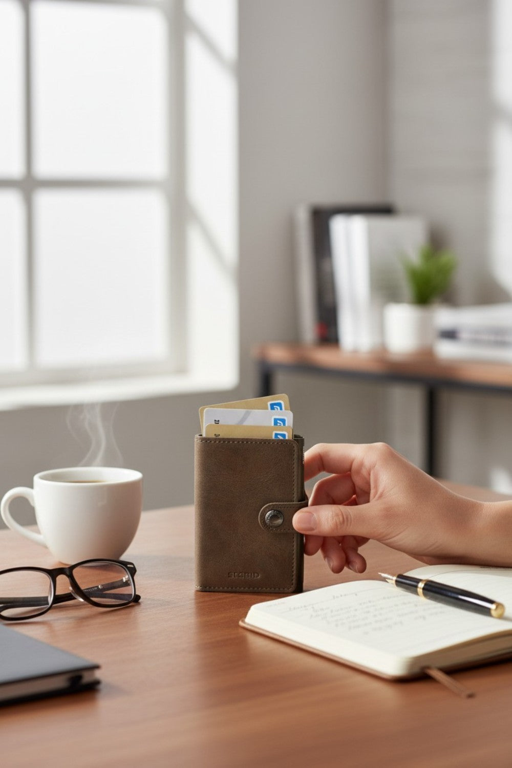 Broderick's Clothing Co. Secrid Miniwallet in vintage oak leather with aluminium card protector on a wooden desk.