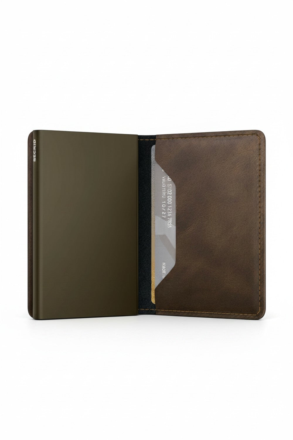 Broderick's Clothing Co. Secrid Slimwallet in vintage oak brown leather with an integrated aluminium card protector.