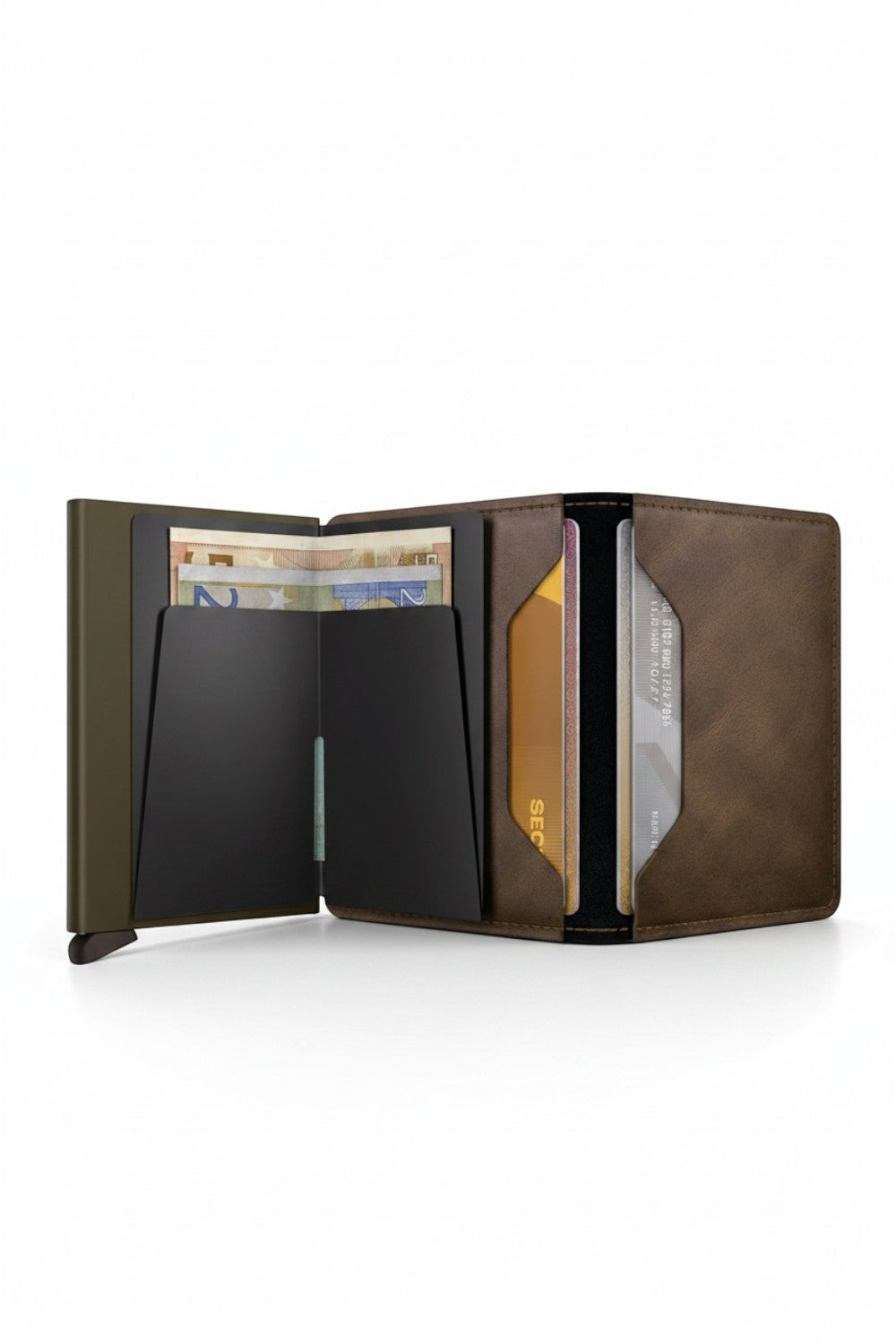 Broderick's Clothing Co. Secrid Slimwallet in vintage oak leather with aluminium card protector and billfold slots.