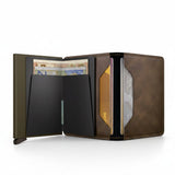 Broderick's Clothing Co. Secrid Slimwallet in vintage oak leather with aluminium card protector and billfold slots.