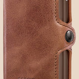 Broderick's Clothing Co. Secrid Twinwallet in vintage cognac-brown leather with a secure snap button closure.