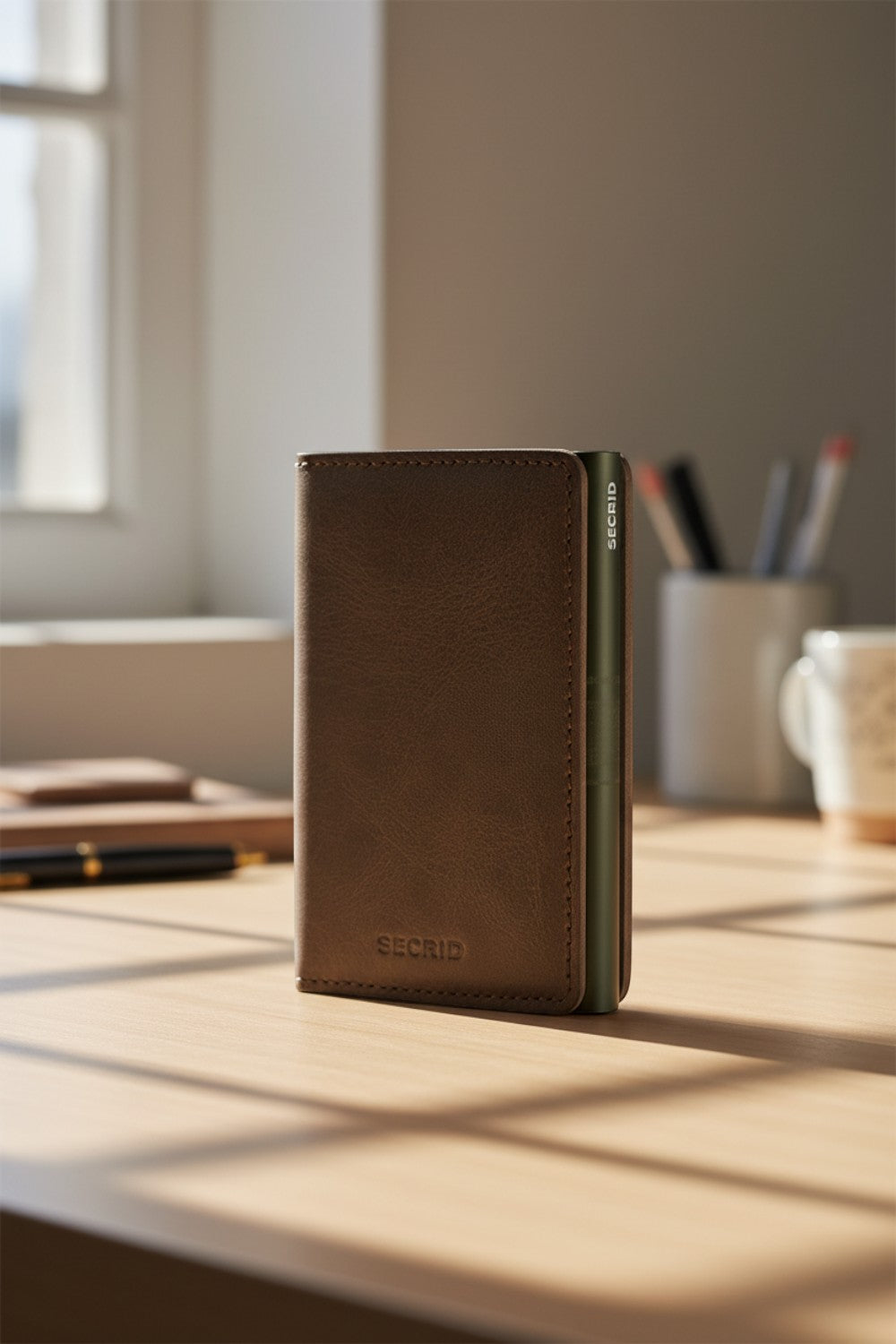 Broderick's Clothing Co. Secrid Premium Slimwallet in vintage oak leather with aluminium card protector on a desk.
