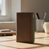 Broderick's Clothing Co. Secrid Premium Slimwallet in vintage oak leather with aluminium card protector on a desk.
