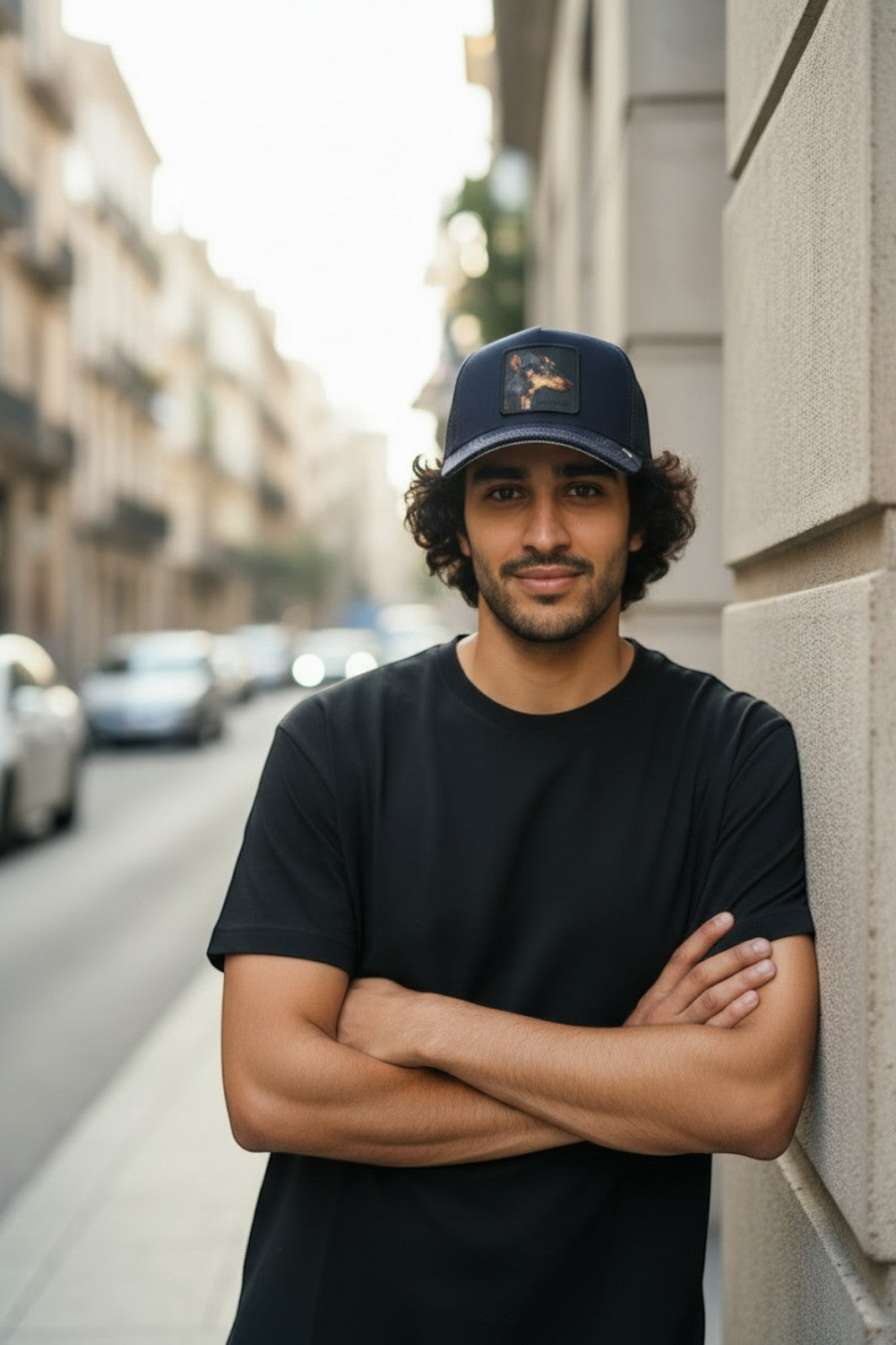 Broderick's Clothing Co. Goorin Bros. SHADOW REMIX navy trucker hat with animal patch worn by a man in a black t-shirt