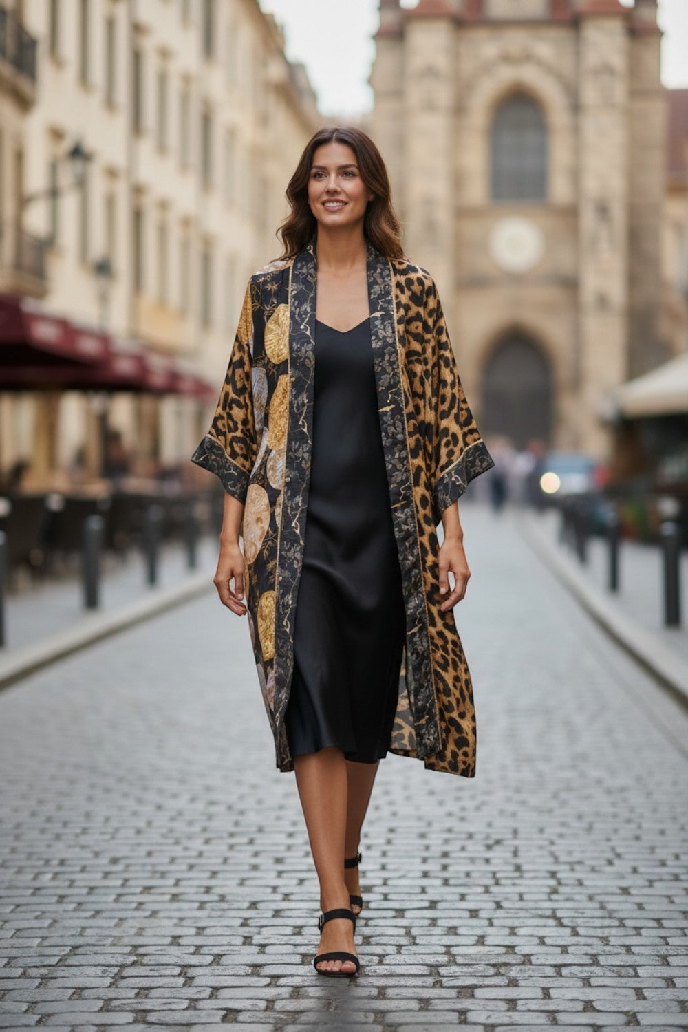 Broderick's Clothing Co. Shannon Passero Dylan kimono cardigan with leopard print and gold circular motifs on a model