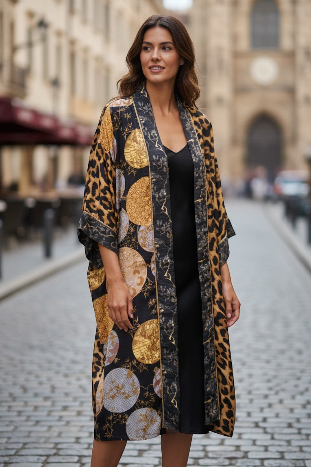 Broderick's Clothing Co. Shannon Passero Dylan kimono cardigan with leopard print and circular motifs in earth tones.