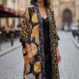 Broderick's Clothing Co. Shannon Passero Dylan kimono cardigan with leopard print and circular motifs in earth tones.