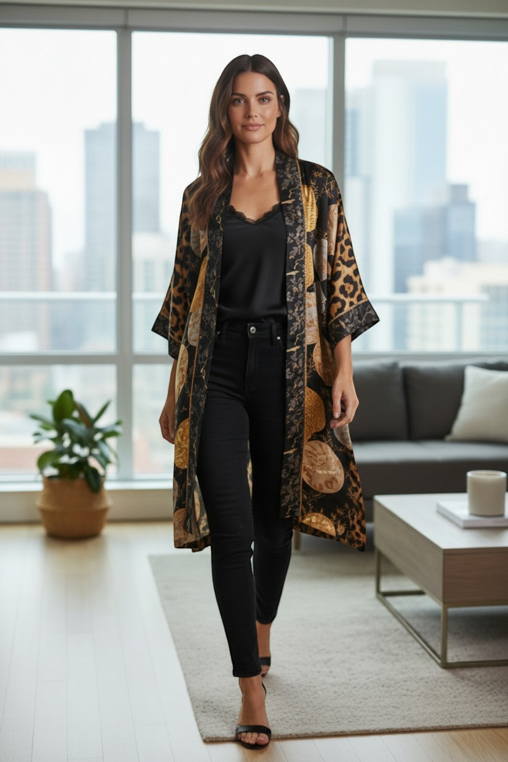 Broderick's Clothing Co. Shannon Passero Dylan kimono cardigan in black and gold leopard print with circular motifs.