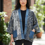 Broderick's Clothing Co. Shannon Passero Karol Cardigan with grey patterned fabric, denim trim, and patch pockets.