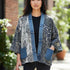 Broderick's Clothing Co. Shannon Passero Karol Cardigan with grey patterned fabric, denim trim, and patch pockets.