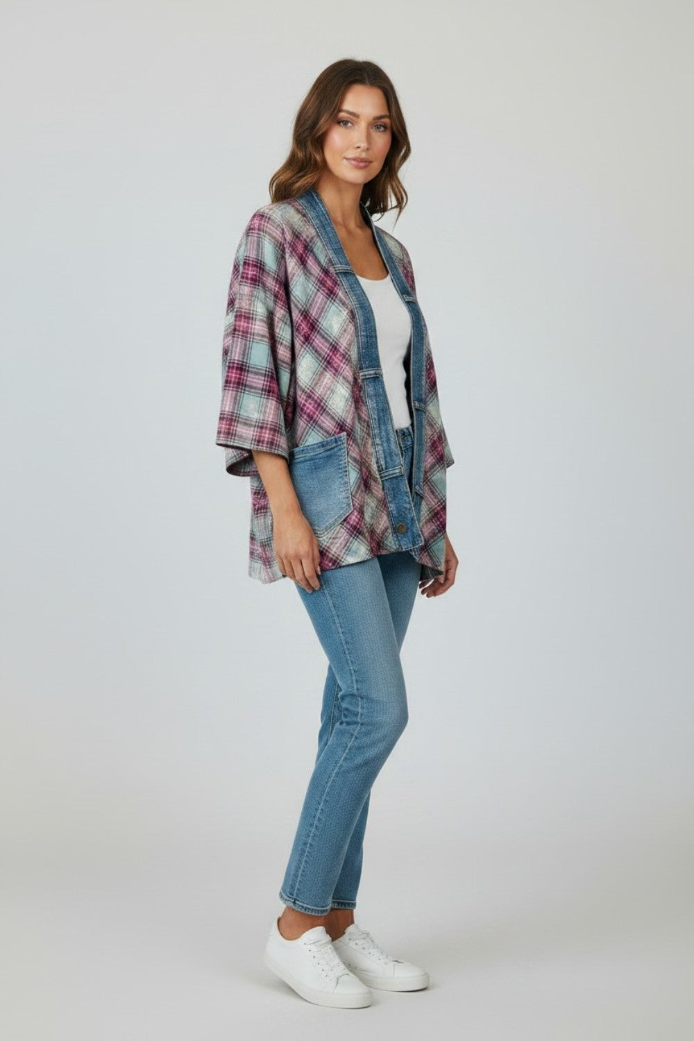 Broderick's Clothing Co. Shannon Passero Ruthie cardigan featuring a pink and teal plaid pattern with denim trim.