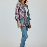 Broderick's Clothing Co. Shannon Passero Ruthie cardigan featuring a pink and teal plaid pattern with denim trim.