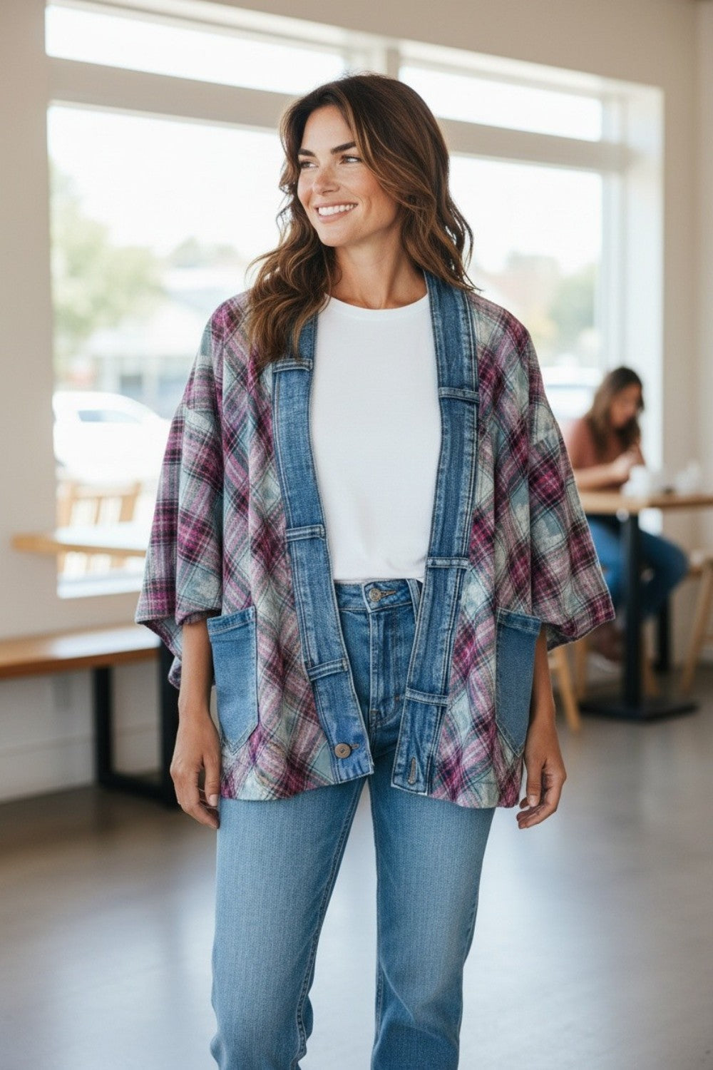 Broderick's Clothing Co. Shannon Passero Ruthie cardigan featuring a mix of plaid fabric and denim panels.