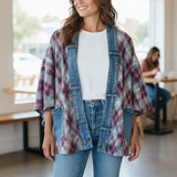 Broderick's Clothing Co. Shannon Passero Ruthie cardigan featuring a mix of plaid fabric and denim panels.