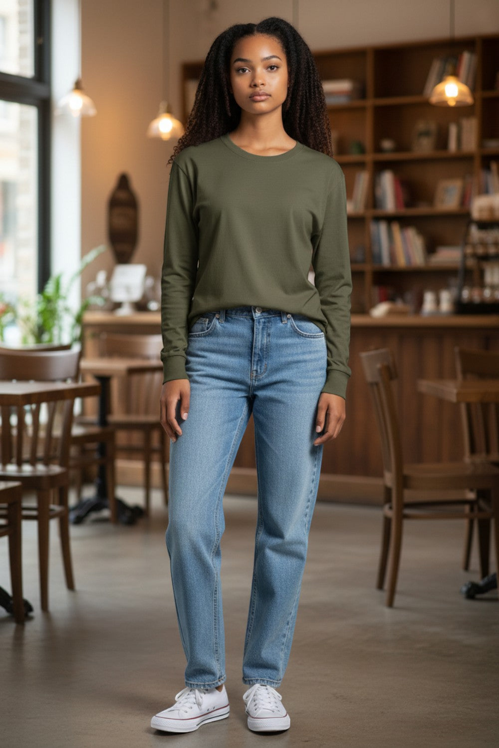 Broderick's Clothing Co. Shannon Passero Zoya olive green long sleeve top worn with blue jeans in a cafe setting