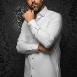 Broderick's Clothing Co. model wearing an Au Noir silver knit long sleeve dress shirt with 360 stretch fabric.