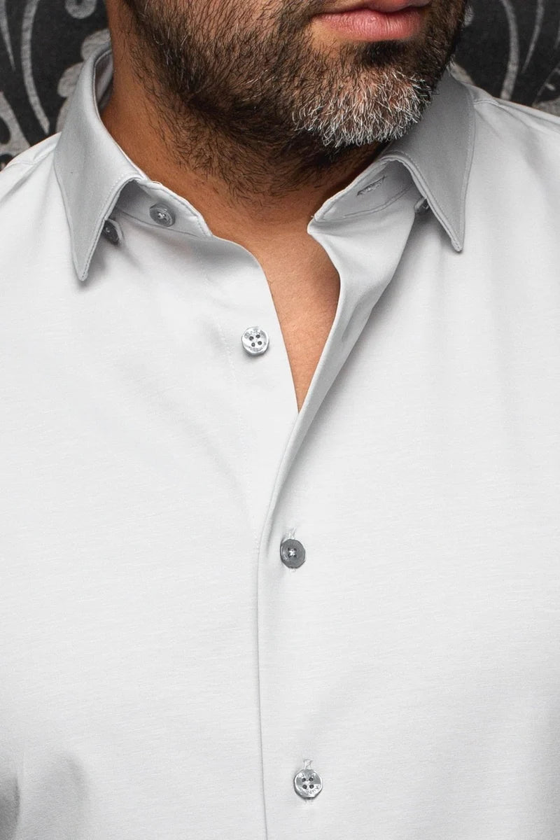 Broderick's Clothing Co. Au Noir Alexander silver knit long sleeve dress shirt with 360-degree stretch fabric.