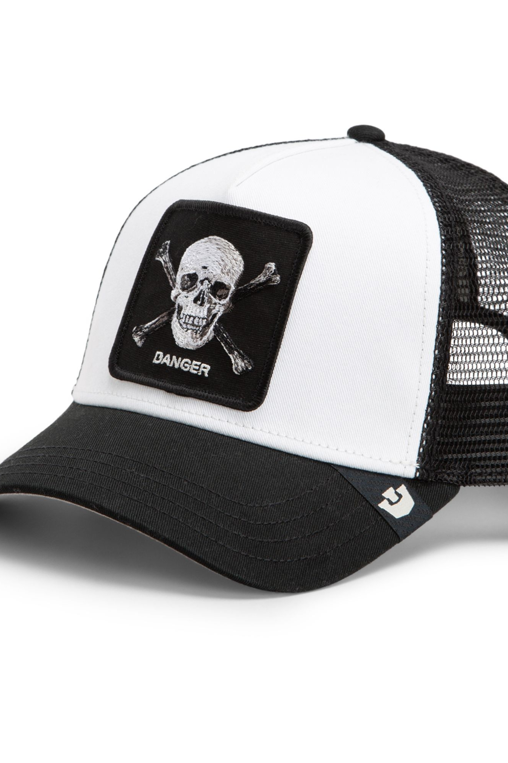 Broderick's Clothing Co. Goorin Bros. black and white trucker hat featuring a skull and crossbones patch