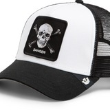 Broderick's Clothing Co. Goorin Bros. black and white trucker hat featuring a skull and crossbones patch