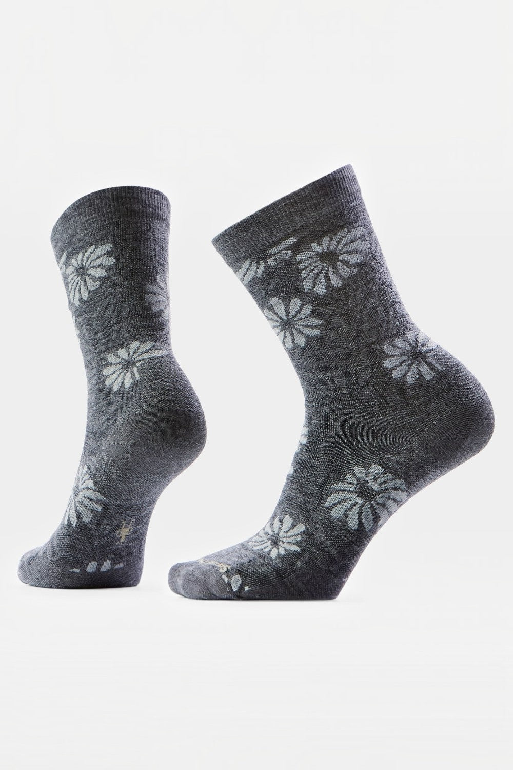 Broderick's Clothing Co. Smartwool women's grey crew socks with a floral pattern and seamless toe design.