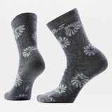 Broderick's Clothing Co. Smartwool women's grey crew socks with a floral pattern and seamless toe design.