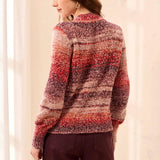 Broderick's Clothing Co. mock neck sweater in a sunset-hued space-dye textured knit worn by a woman from behind.