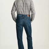 Broderick's Clothing Co. 34 Heritage Courage dark vintage straight leg jeans worn by a man in a plaid shirt