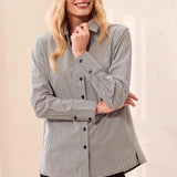Broderick's Clothing Co. striped button-front shirt with wide cuffs and side panels on a smiling blonde model.