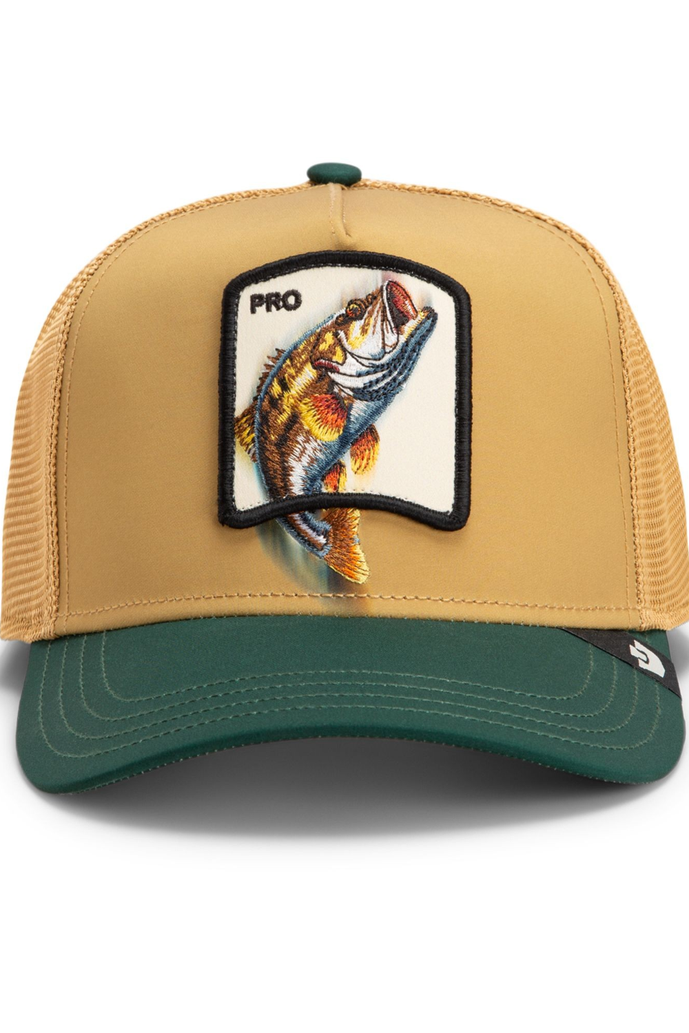 Broderick's Clothing Co. Goorin Bros. MIGRATION-PRO trucker hat in tan and green with a bass fish embroidered patch.