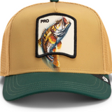 Broderick's Clothing Co. Goorin Bros. MIGRATION-PRO trucker hat in tan and green with a bass fish embroidered patch.