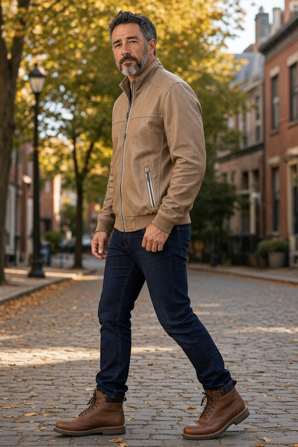 Broderick's Clothing Co. tan lamb leather jacket with stand-up collar worn by a man on a cobblestone street.
