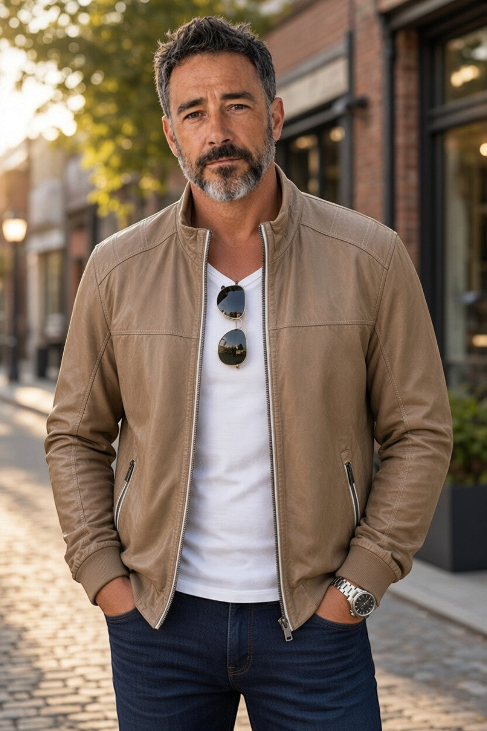 Broderick's Clothing Co. tan lamb leather jacket with stand-up collar and ribbed cuffs worn by a man on a city street