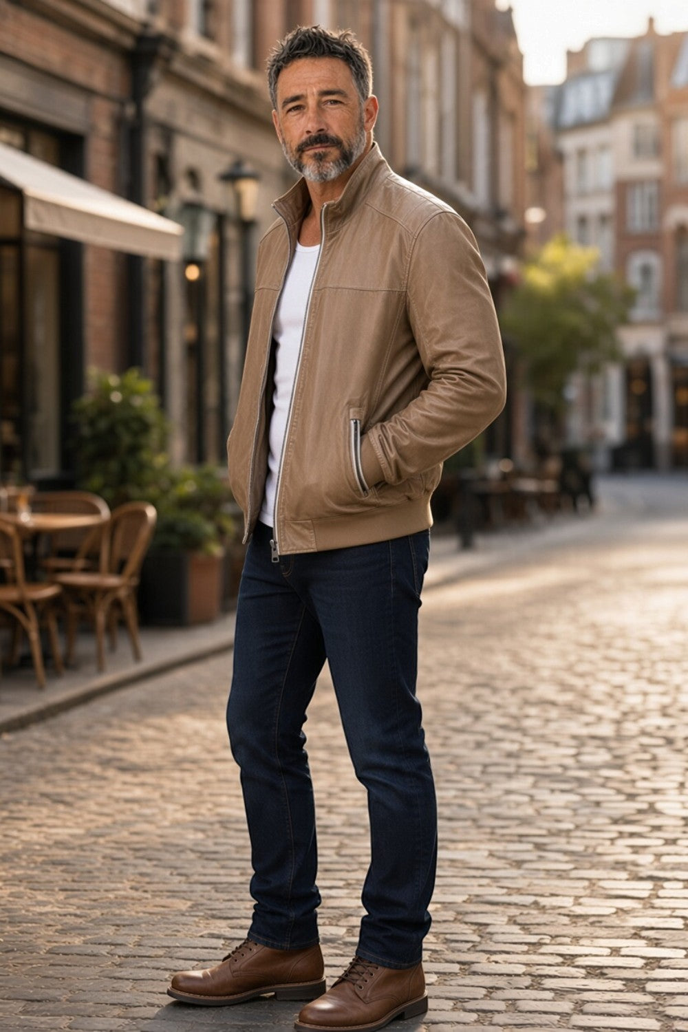 Broderick's Clothing Co. tan lamb leather jacket with stand-up collar worn by a man on a cobblestone street.