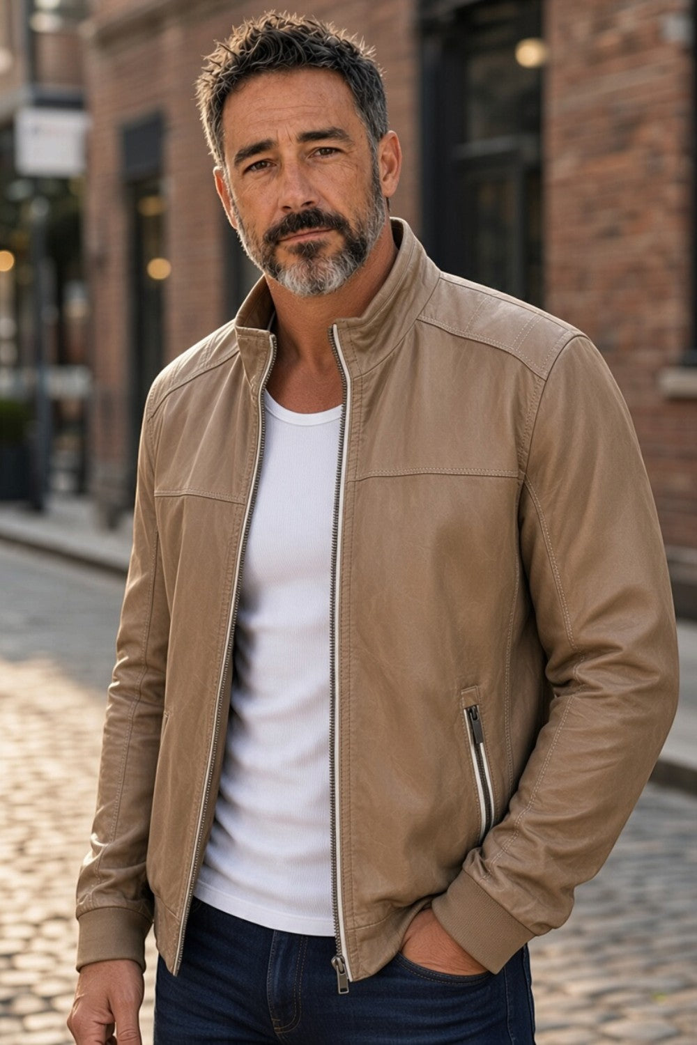 Broderick's Clothing Co. tan lamb leather jacket with stand-up collar and ribbed cuffs worn by a man on a city street.
