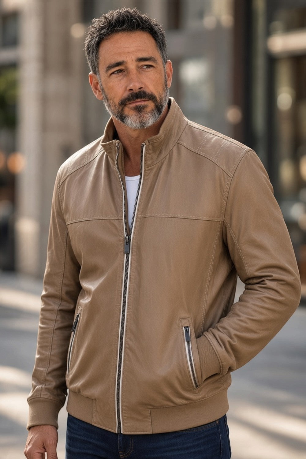 Broderick's Clothing Co. Regency RENOX tan lamb leather jacket with stand-up collar worn by a man outdoors