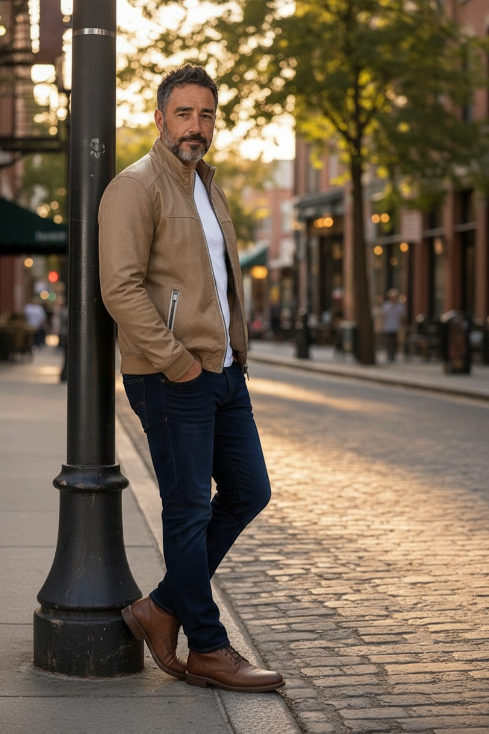 Broderick's Clothing Co. tan lamb leather jacket with stand-up collar worn by a man on a city street at sunset.