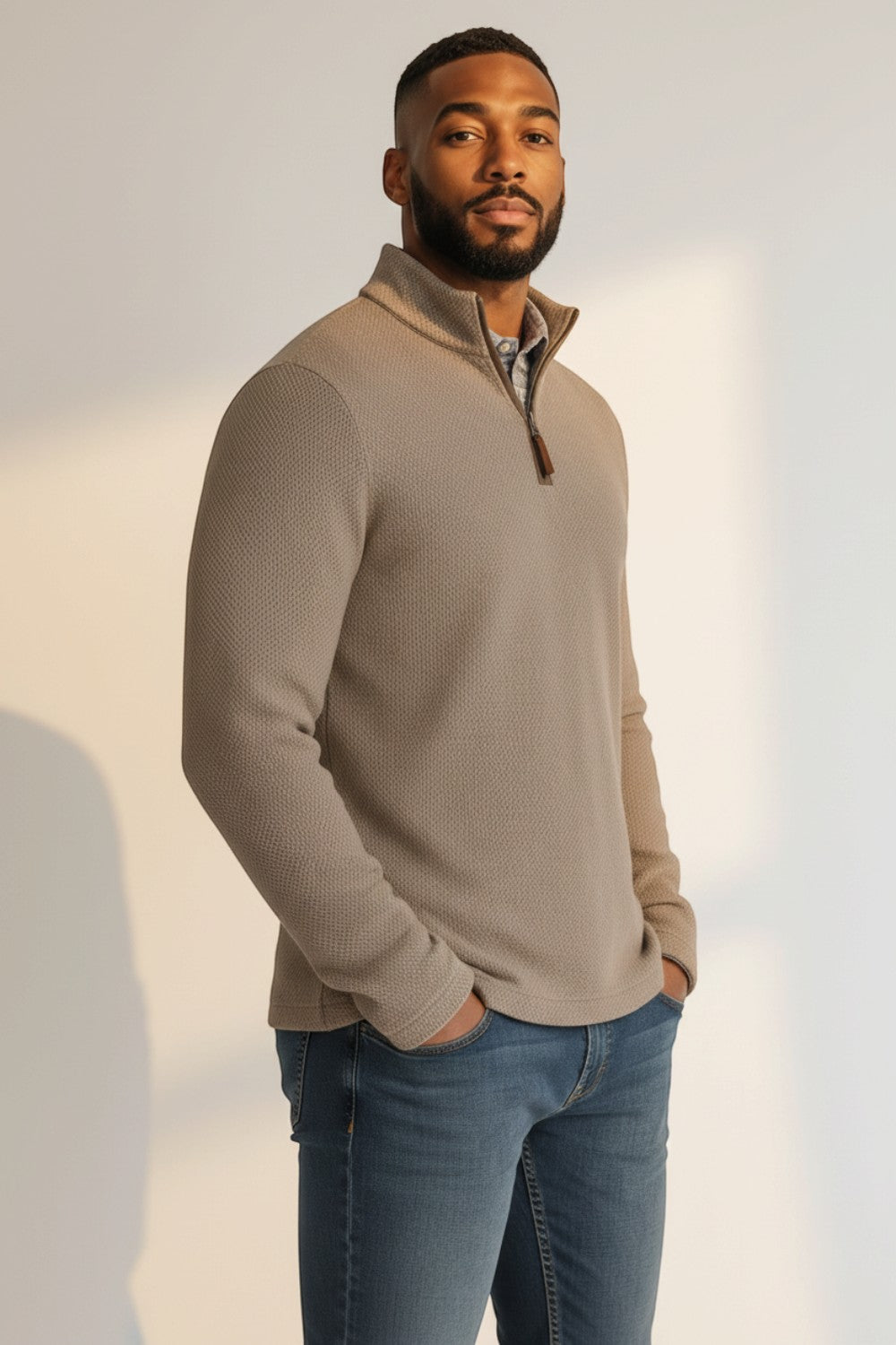 Broderick's Clothing Co. Johnston & Murphy tan melange quarter-zip sweater worn by a man with blue jeans