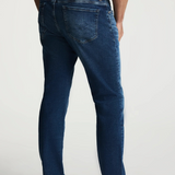 Broderick's Clothing Co. 34 Heritage medium blue tapered leg jeans with contrast stitching and back leather patch