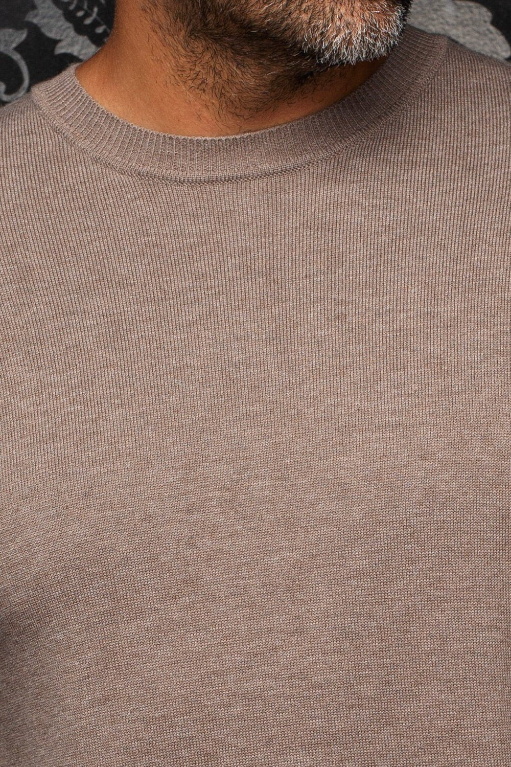 Broderick's Clothing Co. Au Noir LACAUNE taupe cashmere crew neck sweater with fine ribbed knit texture