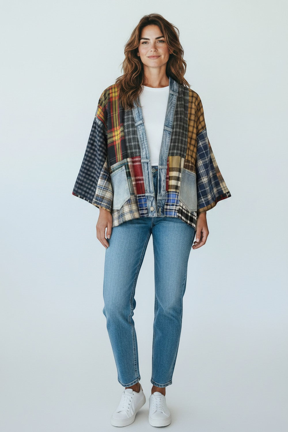 Broderick's Clothing Co. Shannon Passero Lodge Cardigan made from upcycled flannel and denim patchwork