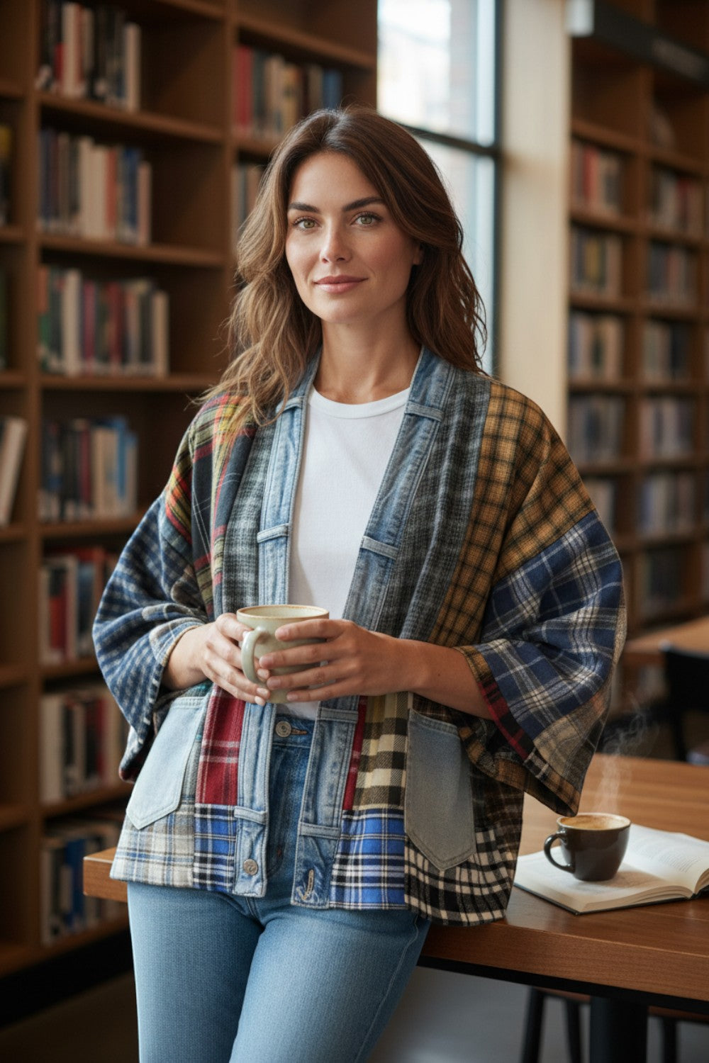 Broderick's Clothing Co. upcycled flannel and denim patchwork cardigan worn by a woman in a library setting.
