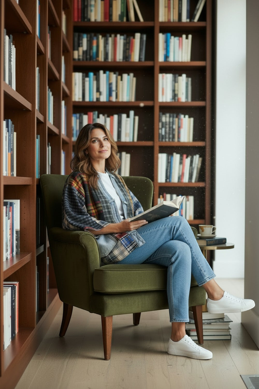 Broderick's Clothing Co. Shannon Passero Lodge Cardigan made from upcycled flannel and denim worn by a woman reading.