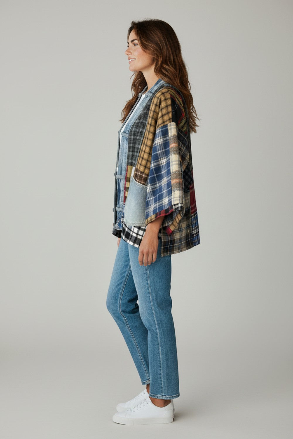 Broderick's Clothing Co. Shannon Passero Lodge Cardigan made from upcycled flannel and denim in a patchwork design
