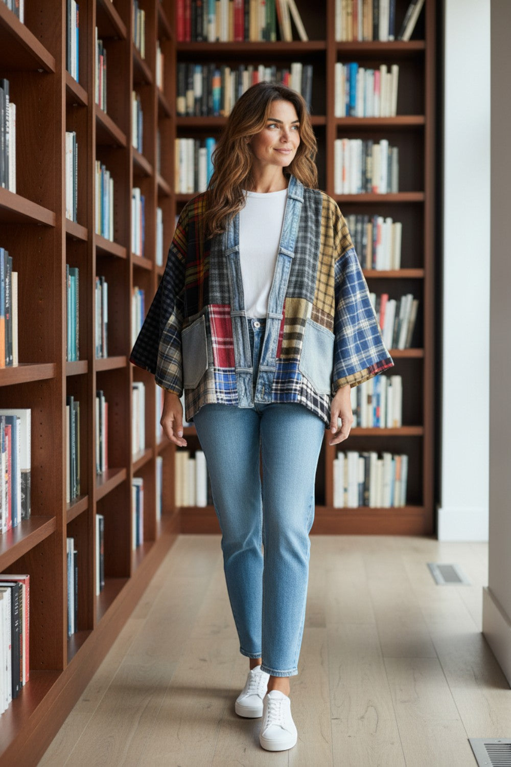 Broderick's Clothing Co. upcycled flannel and denim patchwork cardigan worn by a woman in a library setting.