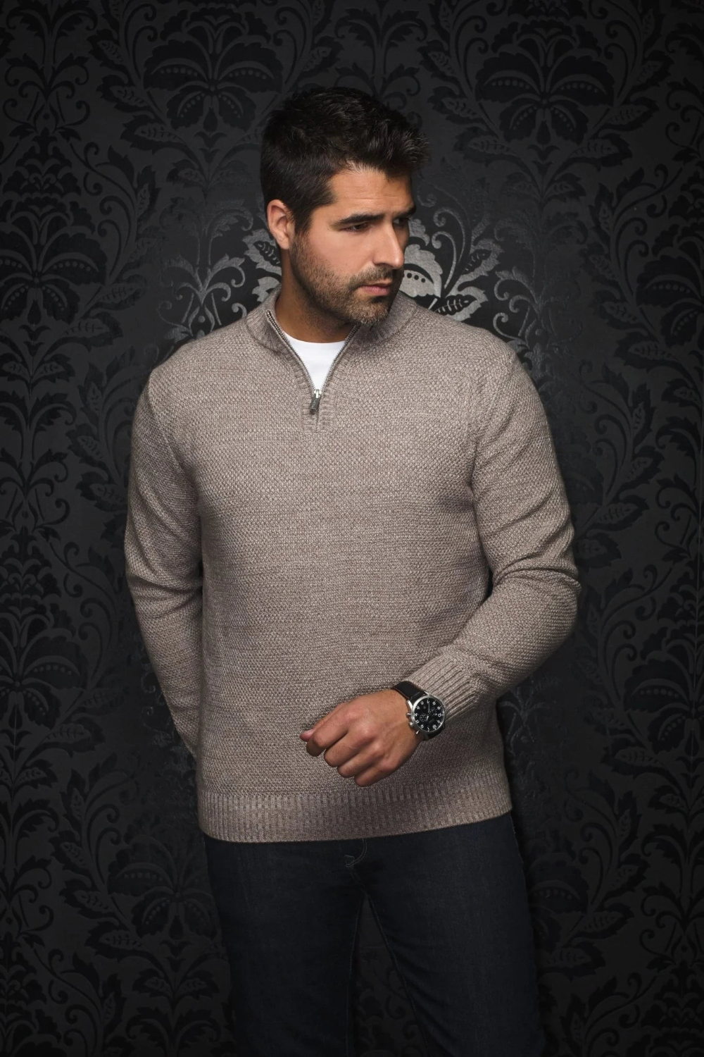 Broderick's Clothing Co. Au Noir VOGAR beige merino wool blend quarter zip sweater with rib-knit cuffs