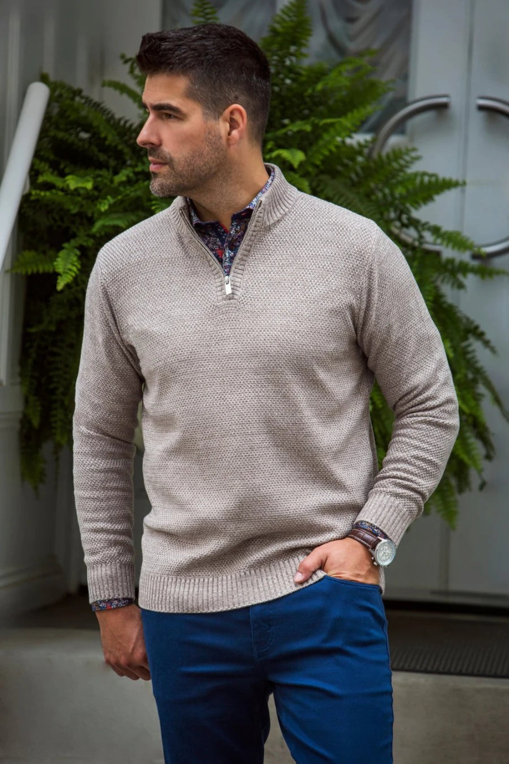 Broderick's Clothing Co. Au Noir VOGAR beige merino wool blend quarter zip sweater worn by a man