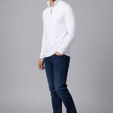 Broderick's Clothing Co. Au Noir white mock neck knit pullover with quarter zip worn by a male model with blue jeans